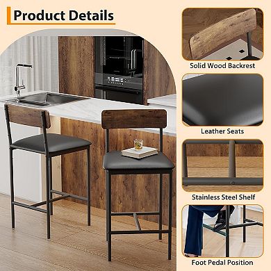 2 PCS Bar Stool Set with Backrest, Metal Frame with Padded Seat, Breakfast Bar Stool