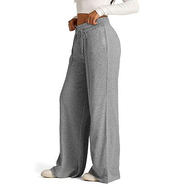 Women's Solid Color Wide Leg Pants Casual Drawstring Elastic Waist Lounge Pants