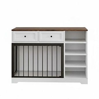 Multifunctional Dog Crate Furniture, Indoor Wooden Dog Bed TV Stand w/2 Drawers & 4 Shelves