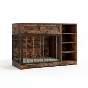 Multifunctional Dog Crate Furniture, Indoor Wooden Dog Bed TV Stand w/2 Drawers & 4 Shelves