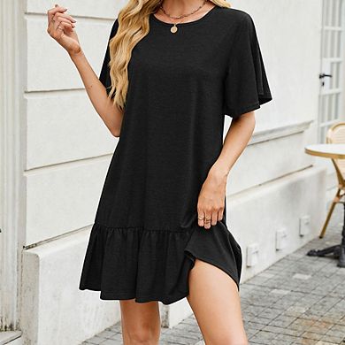 Women's Solid Crew Neck Dress Loose Short Sleeve Ruffle Hem Dress