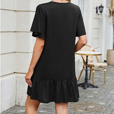 Women's Solid Crew Neck Dress Loose Short Sleeve Ruffle Hem Dress