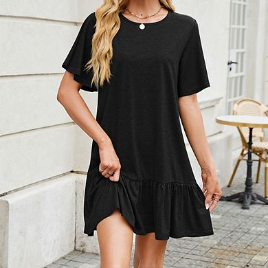 Women's Solid Crew Neck Dress Loose Short Sleeve Ruffle Hem Dress