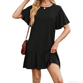 Women's Solid Crew Neck Dress Loose Short Sleeve Ruffle Hem Dress