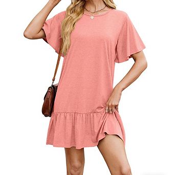 Women's Solid Crew Neck Dress Loose Short Sleeve Ruffle Hem Dress