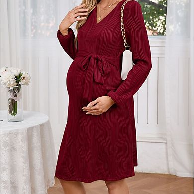 Women's Maternity Dress Long Sleeve V Neck Water Wave Flowy Dress