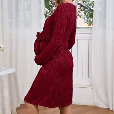 Women's Maternity Dress Long Sleeve V Neck Water Wave Flowy Dress