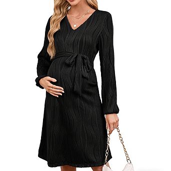 Women's Maternity Dress Long Sleeve V Neck Water Wave Flowy Dress