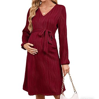 Women's Maternity Dress Long Sleeve V Neck Water Wave Flowy Dress