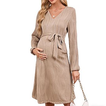 Women's Maternity Dress Long Sleeve V Neck Water Wave Flowy Dress