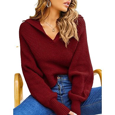 Women Soild Polo V Neck Long Puff Batwing Sleeve Knitwear Pullover Sweater Jumper Tops