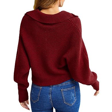Women Soild Polo V Neck Long Puff Batwing Sleeve Knitwear Pullover Sweater Jumper Tops