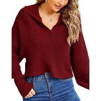 Women Soild Polo V Neck Long Puff Batwing Sleeve Knitwear Pullover Sweater Jumper Tops