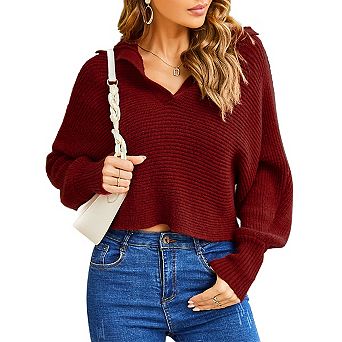 Women Soild Polo V Neck Long Puff Batwing Sleeve Knitwear Pullover Sweater Jumper Tops