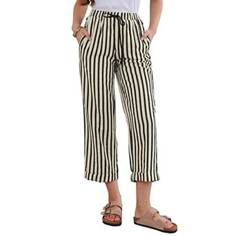 Striped Pants for Women High Waisted Elastic Waist Wide Leg Casual Pants