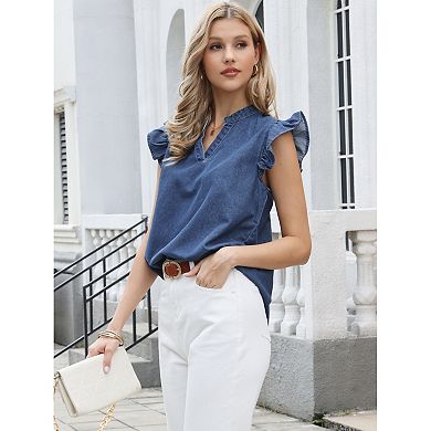 Denim Tank Top for Women's Cute Ruffled Sleeve Collared V Neck Casual Jean Blouse