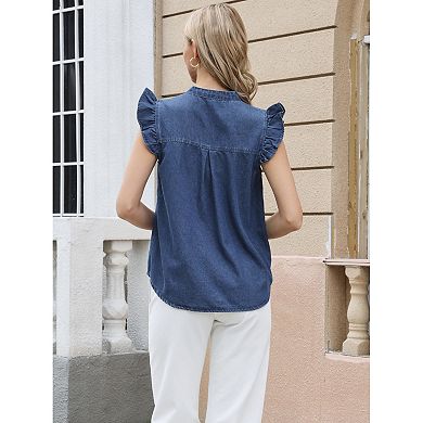 Denim Tank Top for Women's Cute Ruffled Sleeve Collared V Neck Casual Jean Blouse