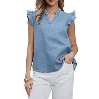Denim Tank Top for Women's Cute Ruffled Sleeve Collared V Neck Casual Jean Blouse