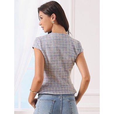 Tweed Tops for Women's Button Decor Cap Sleeve Plaid Blouse