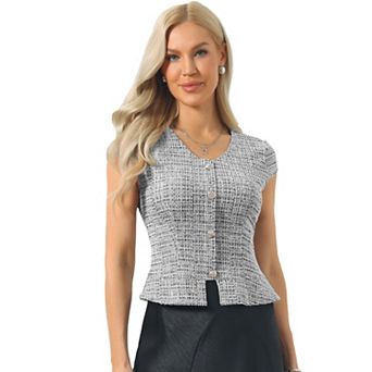 Tweed Tops for Women's Button Decor Cap Sleeve Plaid Blouse