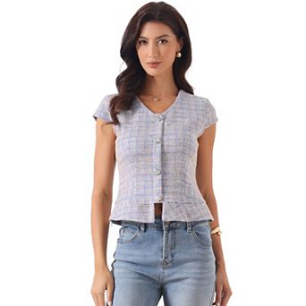 Tweed Tops for Women's Button Decor Cap Sleeve Plaid Blouse