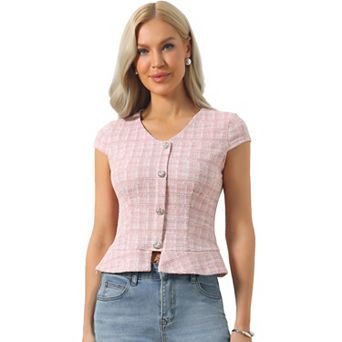 Tweed Tops for Women's Button Decor Cap Sleeve Plaid Blouse