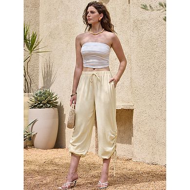 Casual Pants for Women Summer Drawstring Lantern Cropped Wide Leg Pants