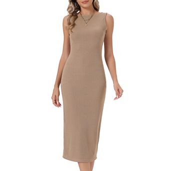 Ribbed Dress for Womens Boat Neck Sleeveless Fitted Bodycon Midi Dresses
