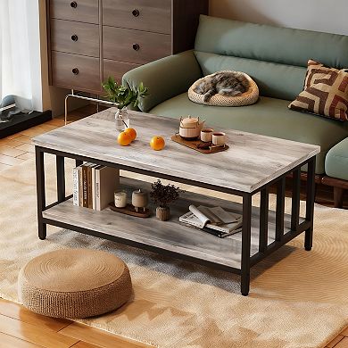 Grey Wash 2-Tier Coffee Table with Metal Frame