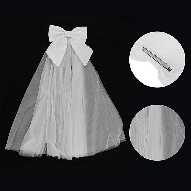 Double Layer Plain Tulle Large Bow Hair Clip Wedding Veil White 1 Pc