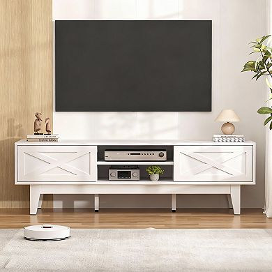 Farmhouse TV Stand with Sliding Barn Doors: 65" TV, Storage, Cable Management