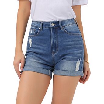 Denim Shorts for Women Stretchy Ripped Rolled Hem Cuffed Jean Shorts