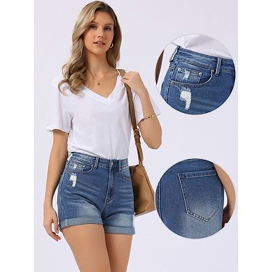 Denim Shorts for Women Stretchy Ripped Rolled Hem Cuffed Jean Shorts