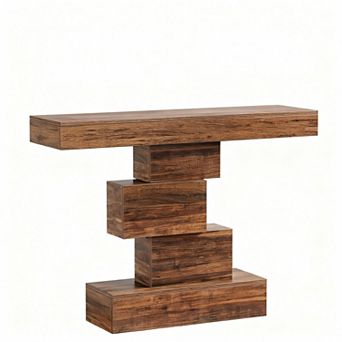 Farmhouse-style console table with a geometric base, suitable for a hallway or living room