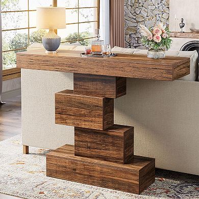 Farmhouse-style console table with a geometric base, suitable for a hallway or living room