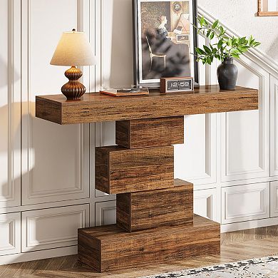 Farmhouse-style console table with a geometric base, suitable for a hallway or living room