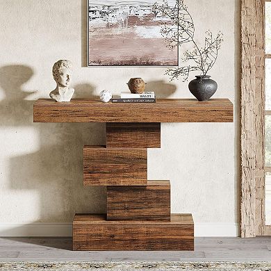 Farmhouse-style console table with a geometric base, suitable for a hallway or living room