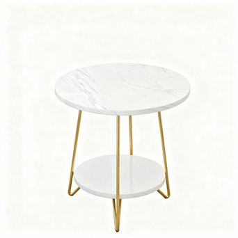 Faux Marble 2 tier Round End Table for Living Room, Bedroom, and Office