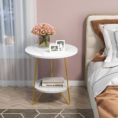 Faux Marble 2-Tier Round End Table for Living Room, Bedroom, and Office