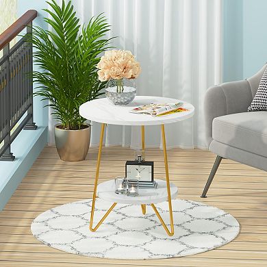 Faux Marble 2-Tier Round End Table for Living Room, Bedroom, and Office