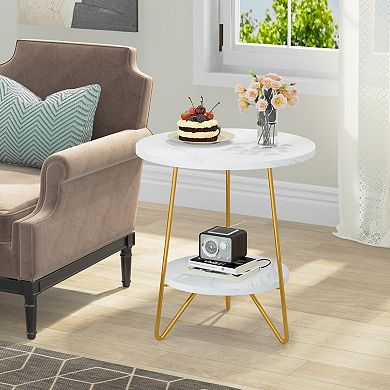 Faux Marble 2-Tier Round End Table for Living Room, Bedroom, and Office