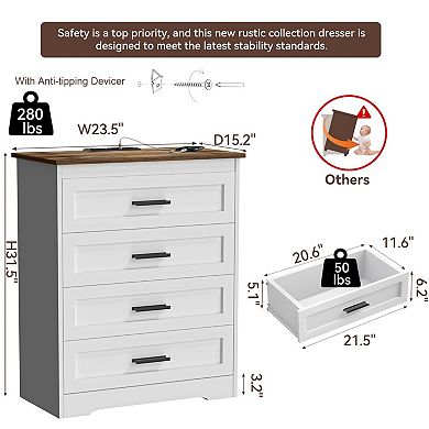 Farmhouse-style four-drawer storage cabinet and dressing table with charging station