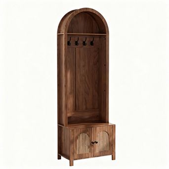 Farmhouse-style entryway coat rack with bench and shoe storage