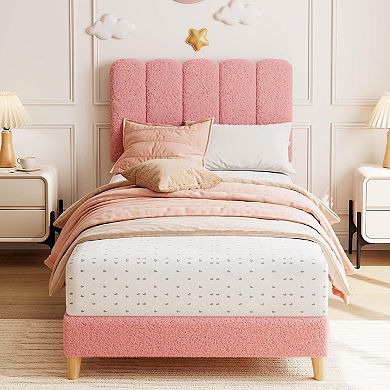 Boucle Upholstered Platform Bed for Girls/Kids with Wave Headboard, Wooden Slats Support