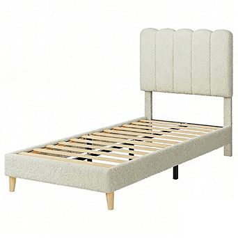 Boucle Upholstered Platform Bed for Girls/Kids with Wave Headboard, Wooden Slats Support