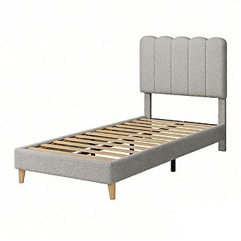 Boucle Upholstered Platform Bed for Girls/Kids with Wave Headboard, Wooden Slats Support