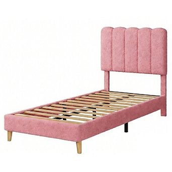 Boucle Upholstered Platform Bed for Girls/Kids with Wave Headboard, Wooden Slats Support