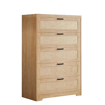 Tall 5-Drawer Rattan Dresser with Power Outlets & Metal Handles, Wood Chest