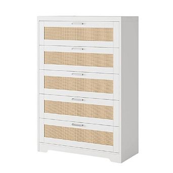 Tall 5-Drawer Rattan Dresser with Power Outlets & Metal Handles, Wood Chest