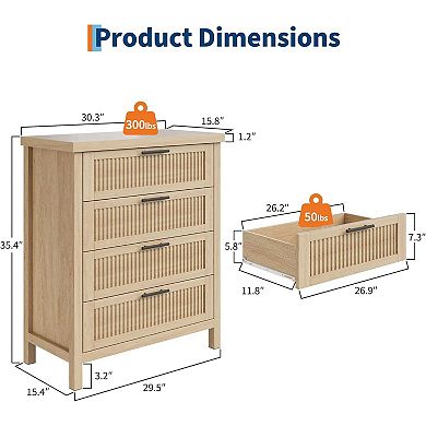 Tall 4-Drawer Fluted Dresser, Closet Organizer & Clothes Storage Cabinet for Bedroom
